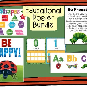 May include: A set of educational posters featuring a colorful caterpillar theme. The posters include shapes, numbers, letters, and a motivational message: "Be Proactive".