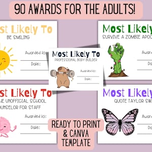 May include: Printable award certificates with funny illustrations and the text "Most Likely To" followed by a humorous statement. The certificates are ready to print and use with Canva.