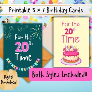 Carte pour 20e anniversaire, carte de voeux amusante à imprimer, téléchargement numérique pour 20e anniversaire, « Pour la 20e fois, joyeux anniversaire ! », Tendances à imprimer