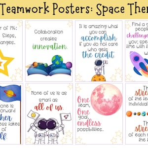 Puede incluir: Ocho carteles coloridos con ilustraciones de temática espacial y citas inspiradoras sobre el trabajo en equipo. Las citas incluyen: "El poder del 1%: pequeños pasos, grandes cambios." "La colaboración crea innovación." "Es increíble lo que puedes lograr si no te importa quién se lleva el crédito." "Encuentra un grupo de personas que te desafíen e inspiren; pasa mucho tiempo con ellas, y cambiará tu vida." "Si todos avanzan juntos, entonces el éxito se cuida solo." "Ninguno de nosotros es tan inteligente como todos nosotros." "Un equipo, un objetivo, posibilidades infinitas." "La fuerza del equipo es cada miembro individual. La fuerza de cada miembro es el equipo."