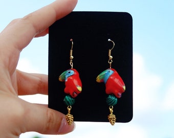 Handmade Bird Earrings // Dangle // Red // Gold // Malachite
