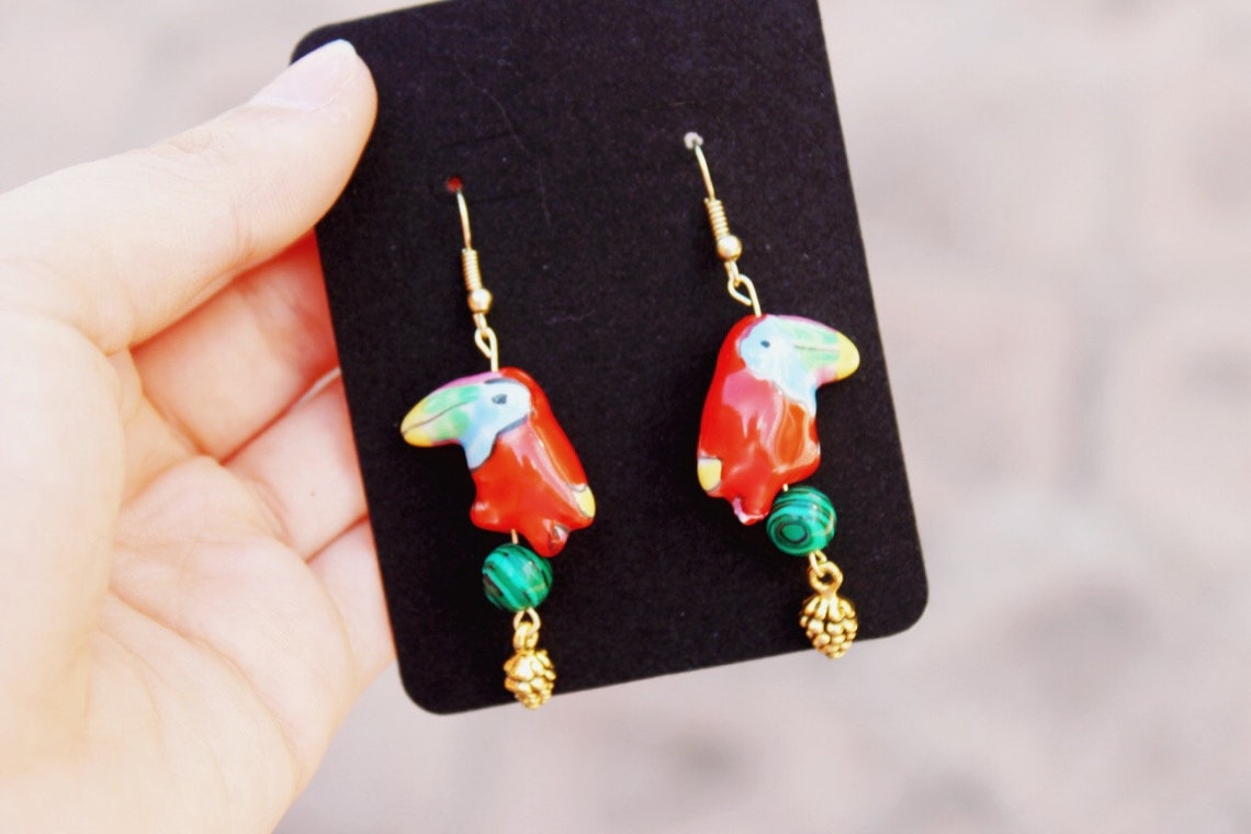 Handmade Bird Earrings // Dangle // Red // Gold // Malachite Etsy