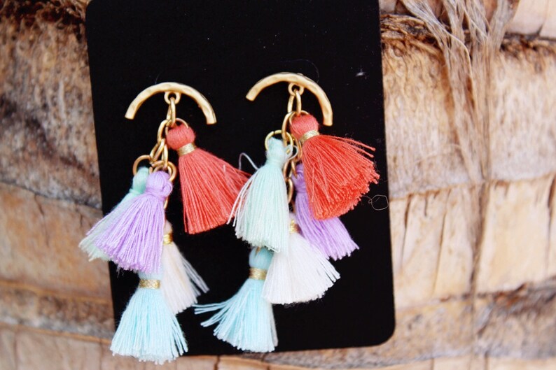 Handmade Tassel Earrings // Chain // Gold // Pastel Etsy