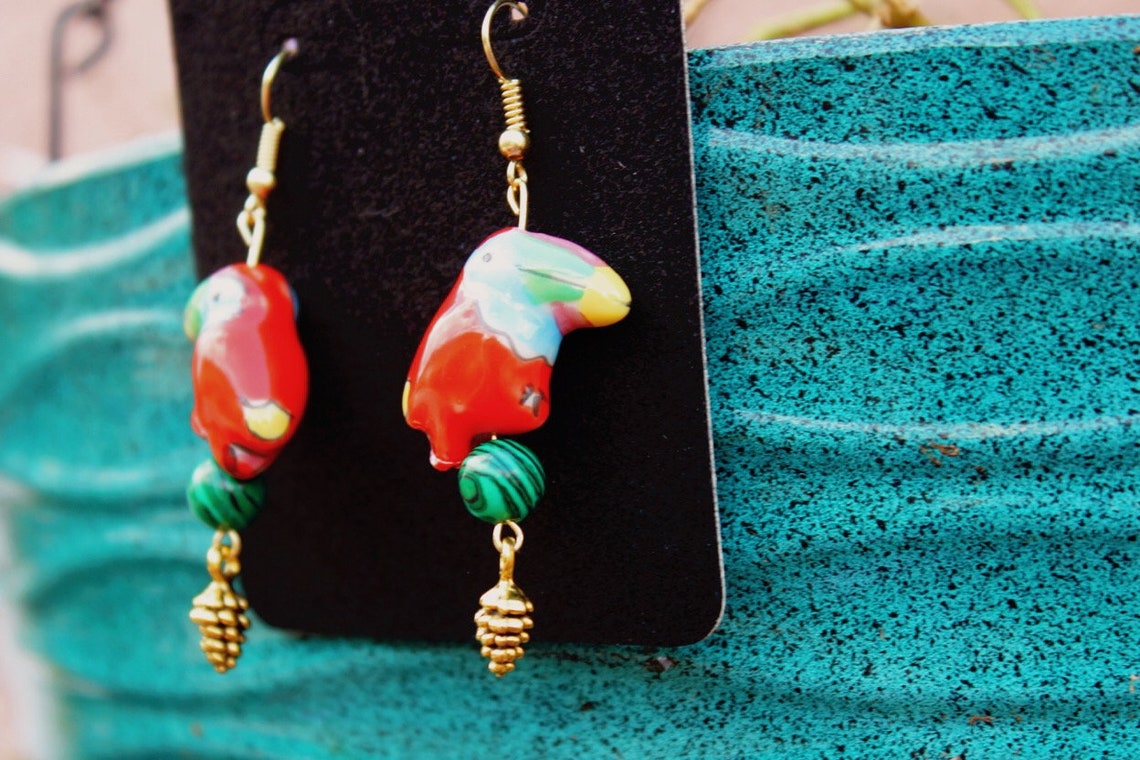 Handmade Bird Earrings // Dangle // Red // Gold // Malachite Etsy
