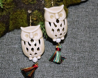 Handmade Owl Earrings// Dangle // Tassel // Ceramic