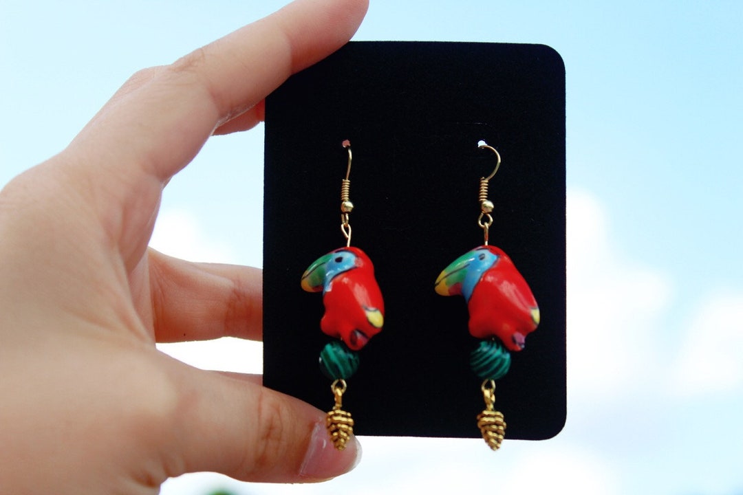 Handmade Bird Earrings // Dangle // Red // Gold // Malachite Etsy