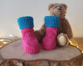 Colourful Baby Booties, 100% Merino Wool,  0 - 3 months, Hand Knitted, Pink & Turquoise, Superwash, Soft and Gentle on the Skin