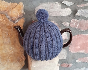 Tea Cosy, Cozy, Tea Pot Cover for Medium Size, 6 Cup, 1.1 litre Tea Pot, Hand Knitted, Wool Mix, Denim Blue, Brown Betty Compatible Pom Pom