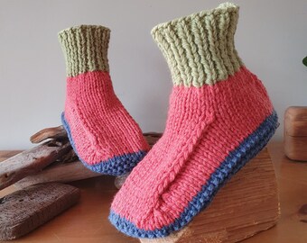 Luxurious Slippers, Dorm Boots, Slipper Socks, Bed Socks, Alpaca & Wool Mix, Hand Knitted, Adult Unisex UK 7 - 7.5, Coral, Blue, Green