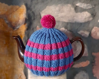 Tea Cosy, Cozy, Tea Pot Cover for Medium Size, 6 Cup, 1.1 litre Tea Pot, Denim Blue and Dark Pink Stripe Brown Betty Compatible with Pom Pom