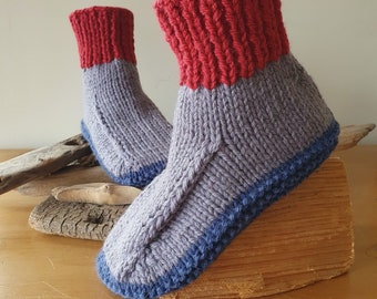 Luxurious Slippers, Dorm Boots, Slipper Socks, Bed Socks, Alpaca & Wool Mix, Hand Knitted, Adult Unisex UK 6 - 6.5, Purple, Blue, Dark Red