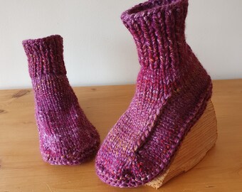 Hand Knitted Dorm Boots, Vegan Slipper Socks, Purple & Pink Tones UK 7 - 8