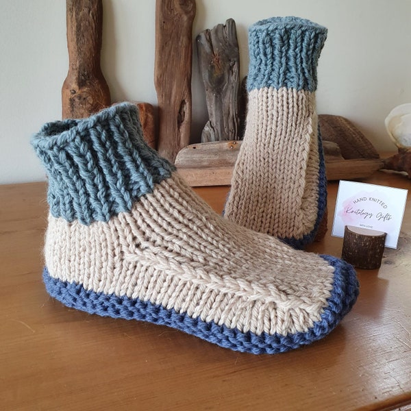 Slippers, Dorm Boots, Slipper Socks, Bed Socks, Alpaca & Wool Mix, Hand Knitted, Adult UK 3, EU 36, US Ladies 5.5, Blue, Beige, Green