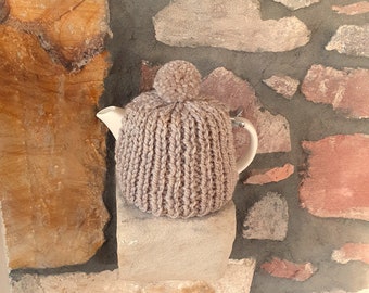 Tea Cosy, Suki, For Life, Stump 2 Cup Tea Pot compatible, Hand Knitted, Chunky Wool Mix Yarn, Sandstone Tones, with Pom Pom