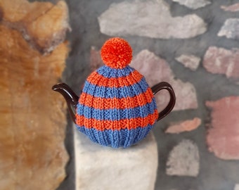 Cute Tea Cosy, Cozy, Tea Pot Cover for Small Size, 2 Cup, 450mls Tea Pot, Denim Blue & Orange Stripe, Brown Betty Compatible with Pom Pom