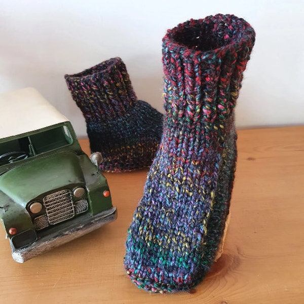 Dorm Boots, Slippers, Slipper Boots, Slipper Socks, Vegan Friendly, Black & Multi Colour, Unisex, Adult Sizes UK 7-8, 8-9, 9-10 Hand Knitted