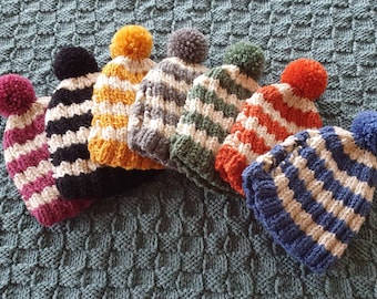 Small Cornish Tea Cosy for 2 Cup, 450mls Tea Pot, 7 Colours with Cream Stripe, Hand Knitted, Wool Mix Yarn, Brown Betty Compatible, Pom Pom