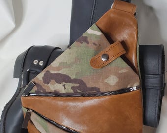 Leather Sling Bag | Small Backpack | Unisex Leather Crossbody | Handmade | Camo or Brown Leather | Travel Bag