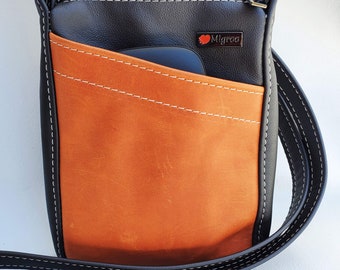 Two Tone Leather Crossbody Bag – Small Hands Free Shoulder Bag with Front Pocket