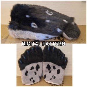 Puede incluir: Patrón digital de patas y manos de piel sintética en gris, negro y blanco. La pata tiene manchas blancas y la mano tiene garras negras. Se muestra el texto "DIGITAL PATTERN".