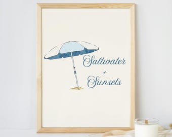 Coastal Beach Umbrella Watercolor Print | Nantucket Cape Cod Art (Digital Download)