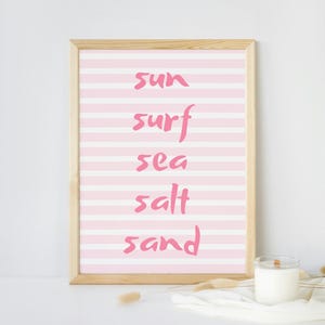 Sun Surf Sea Salt Sand, Pink Stripe, Light Pink Coastal Print, Dorm Decor, Apartment Decor, Room Decor, Coastal Bedroom, Digital Download