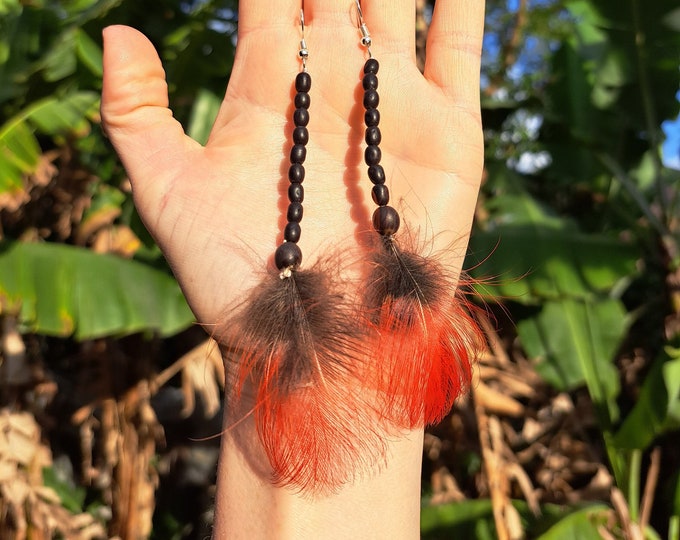 Red Feather Earring Long Natural Hippie Feather Jewelry Boho Feather Earring Festival Jewelry Feather Earring Red and Black Feather Gift