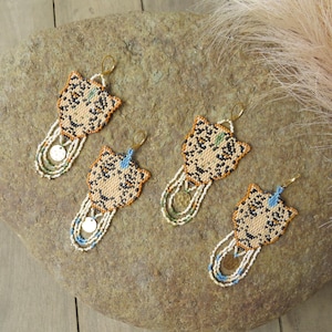 Jaguar Beaded Earring Large Beaded Earring Metal Dangly Earring Water Drop Earring Big Cat Jewelry Boho Animal Earring Tribal Jewelry Gift
