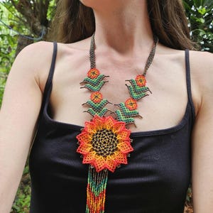 Beaded Sunflower Necklace Indigenous Handmade Flower Necklace Orange Bead Sunflower Necklace Long Shamanic Jewelry Sunflower Gift for Her