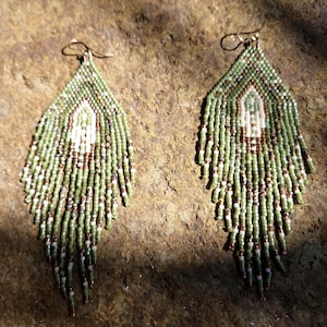Green Long Boho Beaded Earring Green and Brown Fringe Earring Gift for Friend Earthy Earring Long Fringe Earring Dangle Bead Earring Unique