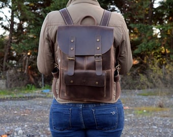 Brown Leather Women Backpack, Unisex Backpack, Leather Rucksack Corfu