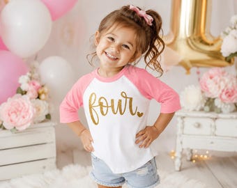 Raglan Birthday Shirt, Pink White Gold Glitter Four, Girls 4th Birthday Top