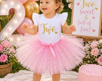 Pink & Gold “Two” Birthday Outfit | 2nd Birthday Girl Outfit | Flutter Sleeve Shirt | Pink Gold Confetti Tutu | Cake Smash Outfit | Two