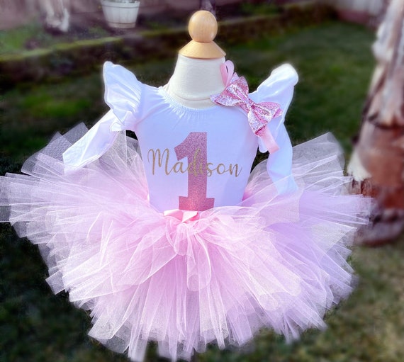 Cake 1st Birthday Winter Outfit Girl Personalized 1st Birthday Girl Outfit:  Rose Gold Glitter Leotard Pink Tutu