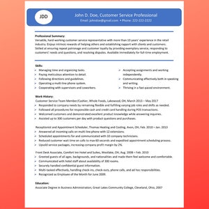 May include: A resume for John D. Doe, a customer service professional. The document includes a professional summary, skills, work history, and education. The resume is on a white background with a blue header and a red border.