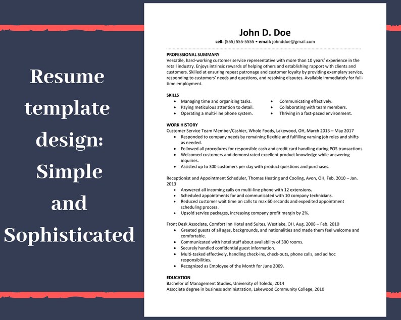 May include: A resume template design with a simple and sophisticated layout. The resume includes sections for professional summary, skills, work history, and education. The text is in black on a white background with a dark blue border.