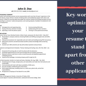 May include: A resume template with the name John D. Doe, contact information, and sections for professional summary, skills, work history, and education. The right side has the text "Key-word optimize your resume to stand apart from other applicants."
