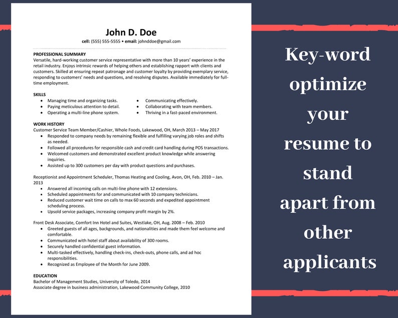 May include: A resume template with the name John D. Doe, contact information, and sections for professional summary, skills, work history, and education. The right side has the text "Key-word optimize your resume to stand apart from other applicants."