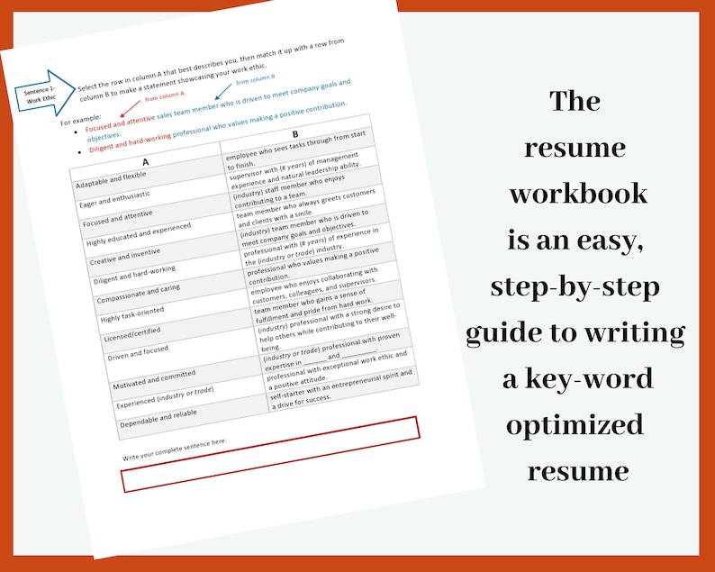May include: A workbook page with a resume writing guide. The text reads "The resume workbook is an easy, step-by-step guide to writing a key-word optimized resume." The page has columns for self-assessment and matching statements.