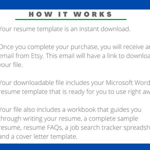 May include: A blue background with white text explaining how a resume template works. The text includes information about instant downloads, Etsy emails, Microsoft Word templates, and additional resources like workbooks and cover letter templates.