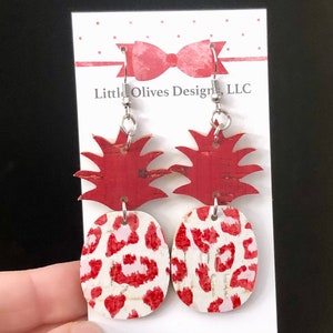 Pineapple earrings - red and pink cheetah pineapple earrings - red and pink leopard pineapple earrings - genuine cork and leather earrings