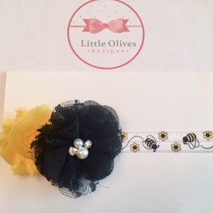 small yellow flower with black lace/chiffon flower with pearl/rhinestone and bee headband