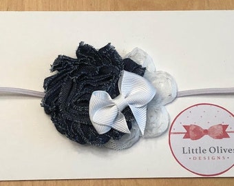 denim and white flowers with white bow on skinny elastic headband