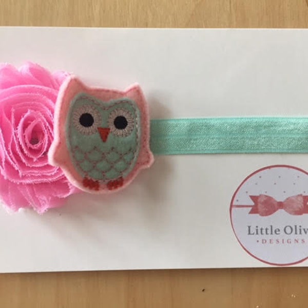 pink and mint green headband with pink and mint green owl felt accent