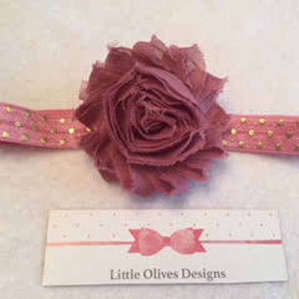 dusty rose shabby flower with dusty rose and gold dots headband