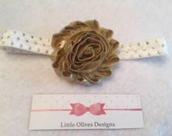 gold flower with white and gold dots headband