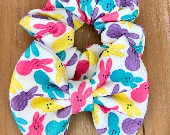 Easter bunny shaped candy themed fabric hair bow - Easter bunny shaped candy scrunchie