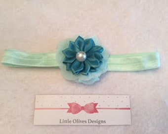 mint green - aqua chiffon flower with teal satin pearl flower and mint green - aqua headband