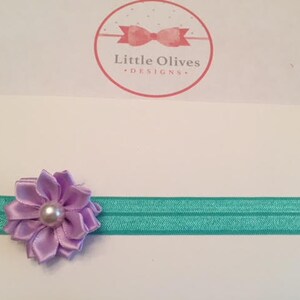 small lavender pearl petal flower with aqua headband