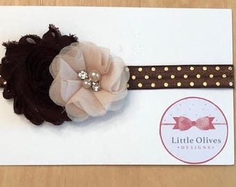 Tiara com tema de outono - flores marrons e creme com bolinhas marrons e douradas